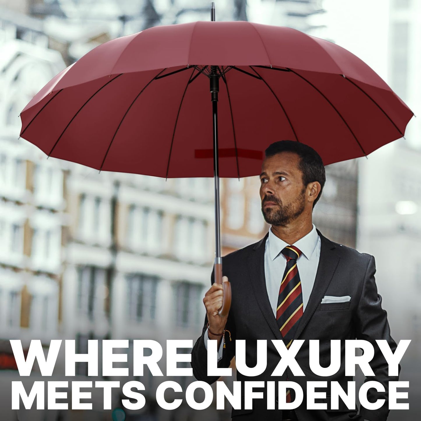 Royal Walk Windproof Large Umbrella for Rain 54 Inch Automatic Open for 2 Persons Wind Resistant Big Golf Umbrellas for Adult Men Women Classic Wooden Handle Fast Drying Strong 16 Ribs Travel 120cm