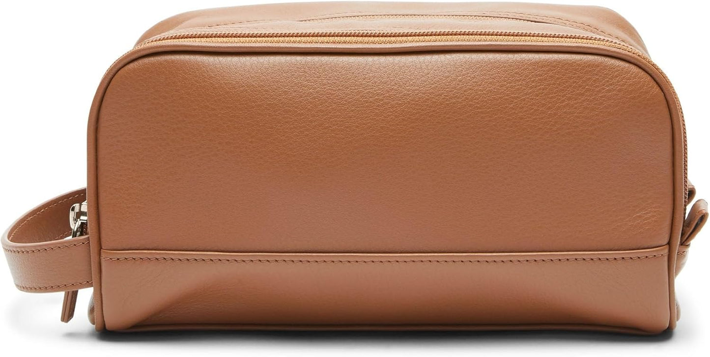 Leatherology Cognac Leather Toiletry Bag – Small Double Zip Dopp Kit – Full Grain Leather Travel Organizer with Water-Resistant Lining – Compact Grooming Bag for Men or Women