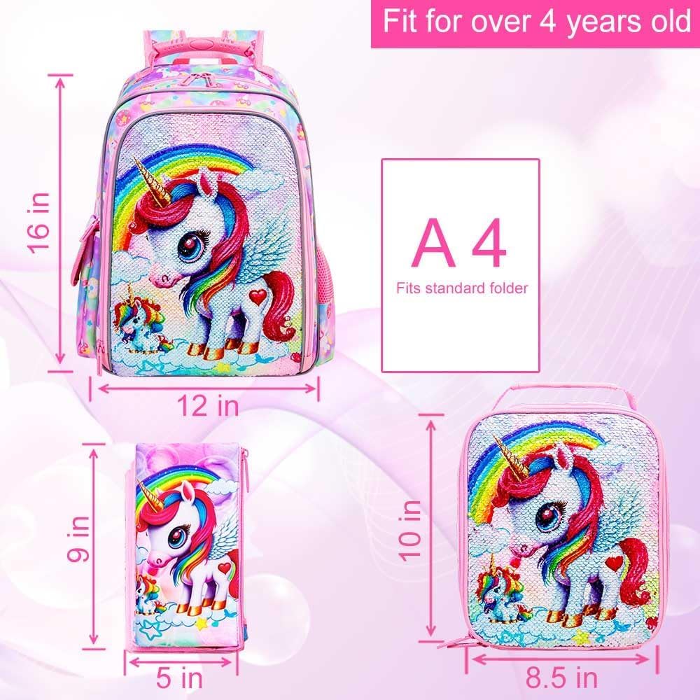 KLFVB 3PCS Cat Uni Dinosaur Backpack for Girls and Boys, 16" Kids Bookbag and Lunch Box, Preschool Backpacks for Elementary