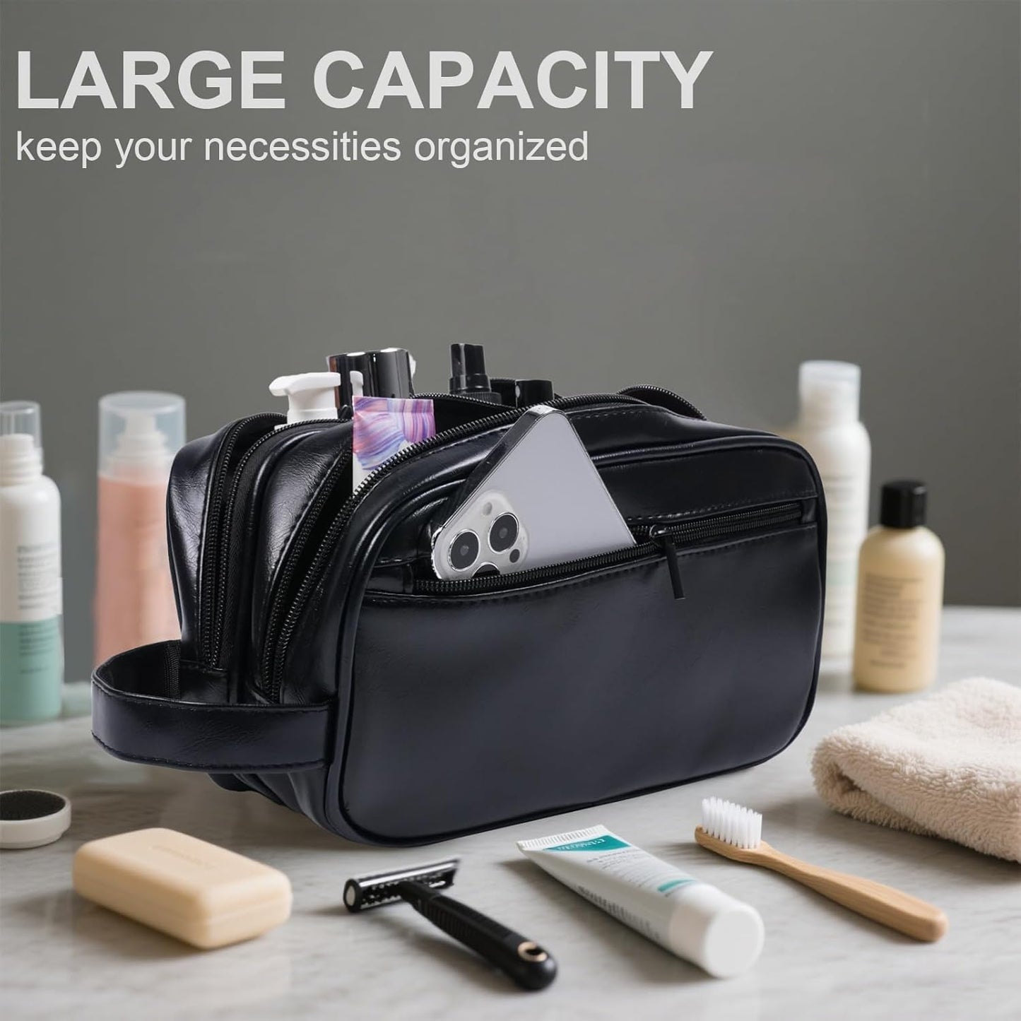 Mens travel toiletry bag, Gift For Men，PU Leather Water Resistant Cosmetic Bag Dopp Kit Shaving Pouch with Large Capacity for Toiletries Accessories(Black)