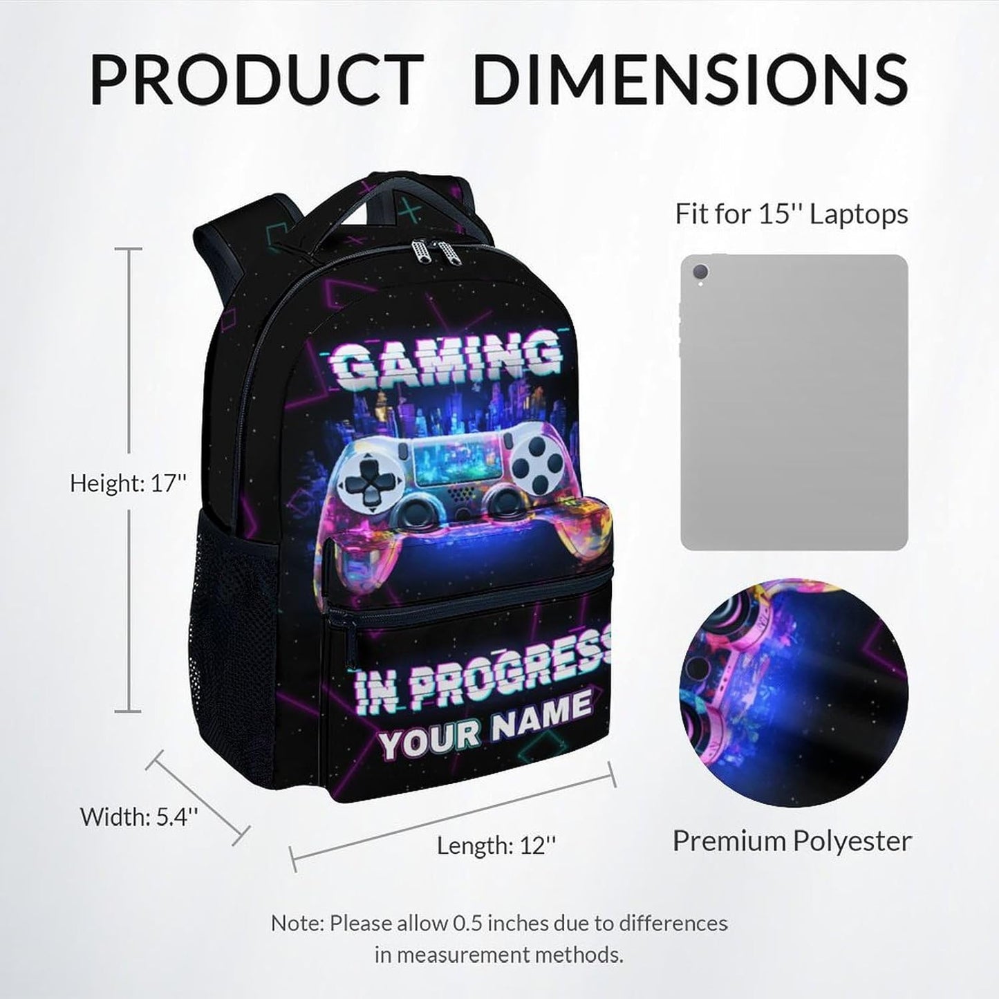 COZYAURA Personalized Backpack - 17 Inch Large Capacity Gamer Bookbag - Lightweight Kids' Gamepad Backpacks for Elementary & Travel