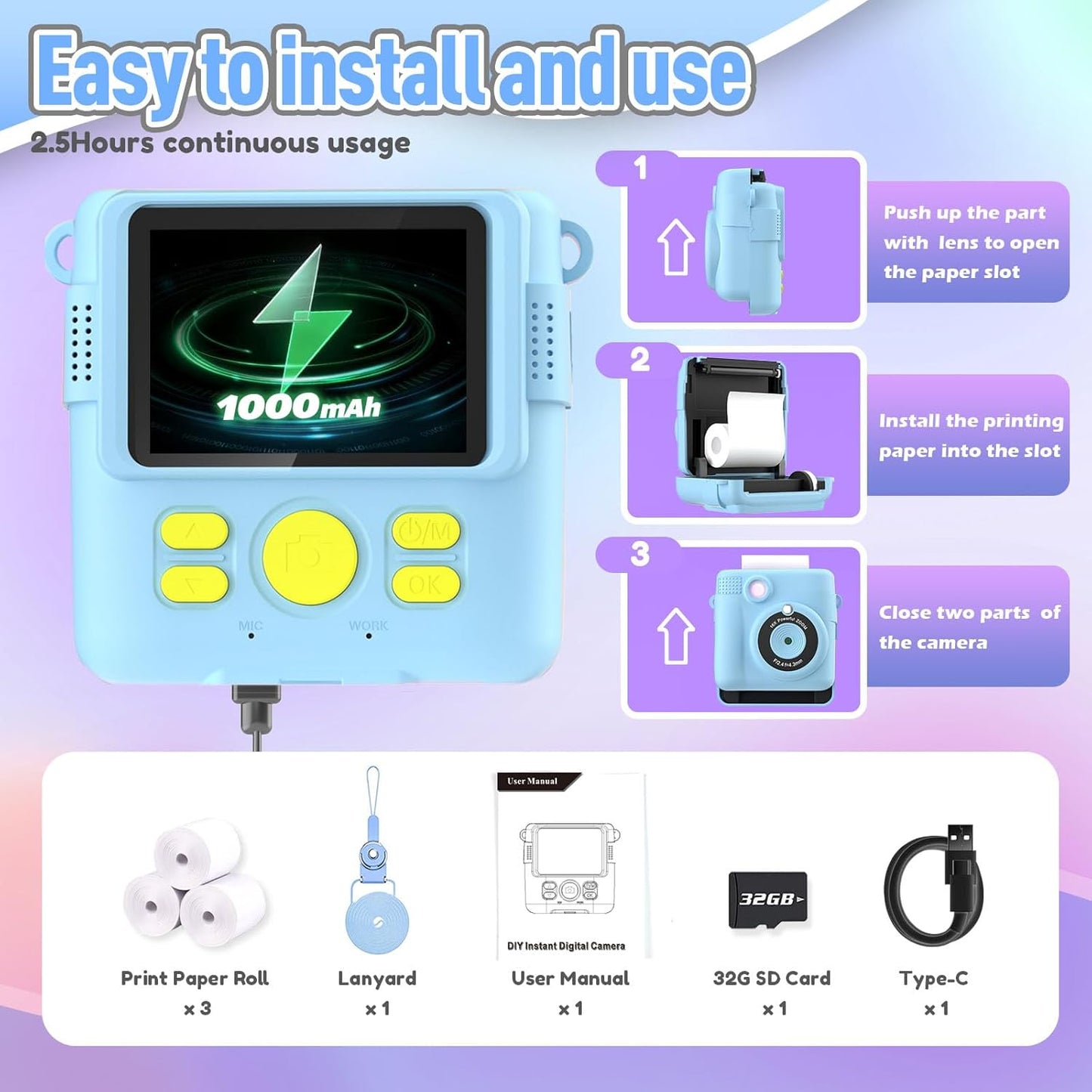 Kids Camera Instant Print, Christmas Birthday Gifts for Kids Age 3-12, Selfie Digital Camera with 1080P Videos,Toddler Portable Travel Toy for 4 5 6 7 8 9 Year Old Boys Girls-Blue