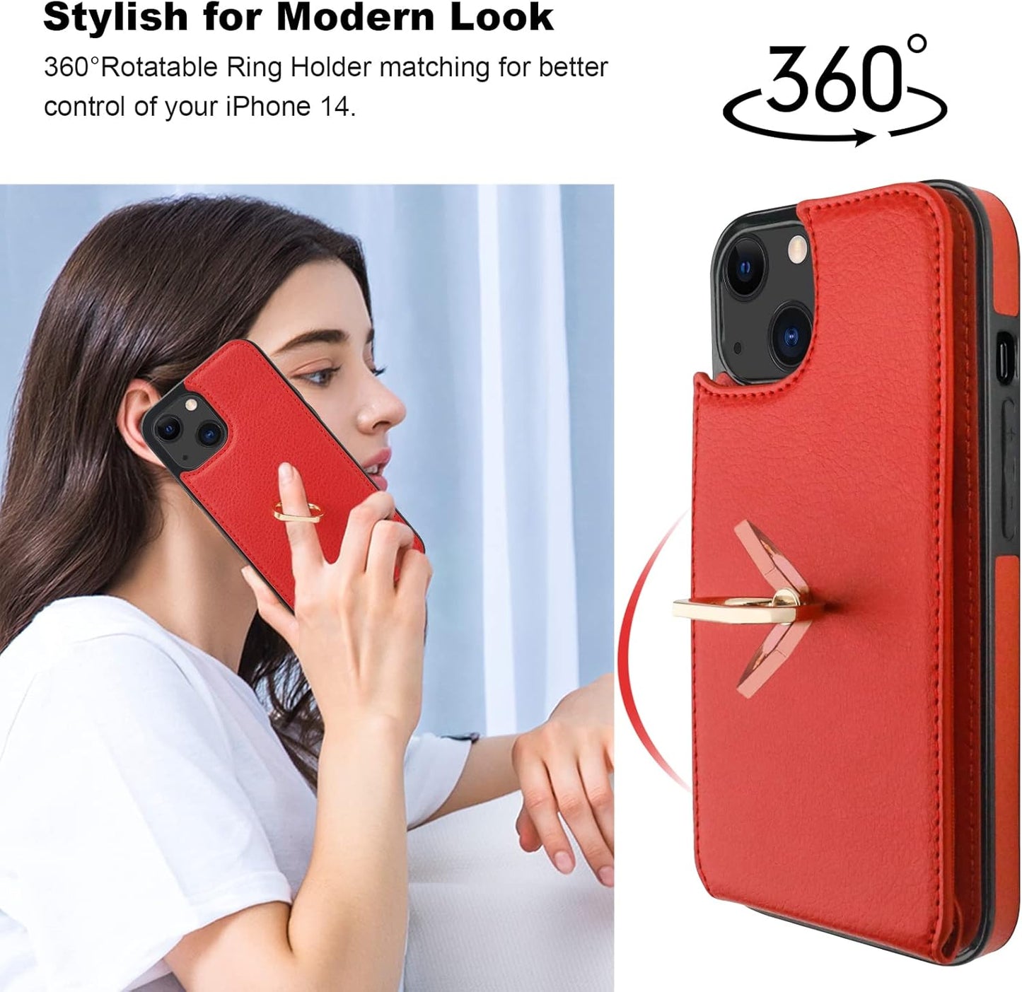 Folosu Compatible with iPhone 14 Case Wallet with Card Holder, 360°Rotation Finger Ring Holder Kickstand, RFID Blocking Leather Protective Double Buttons Shockproof Cover 6.1 Inch Red
