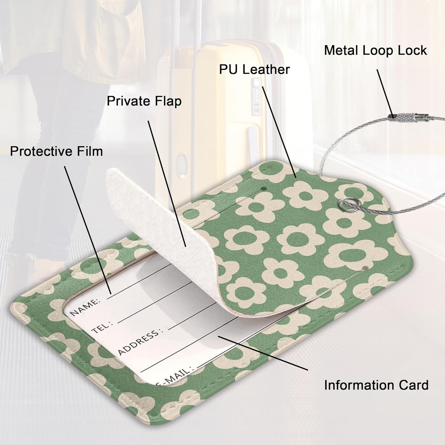 Leather Luggage Tags for Adults Teens,2 Pack Vintage Groovy Flowers Travel Bag Suitcase Labels with Stainless Steel Loop ID Tags Card Baggage Bag Label