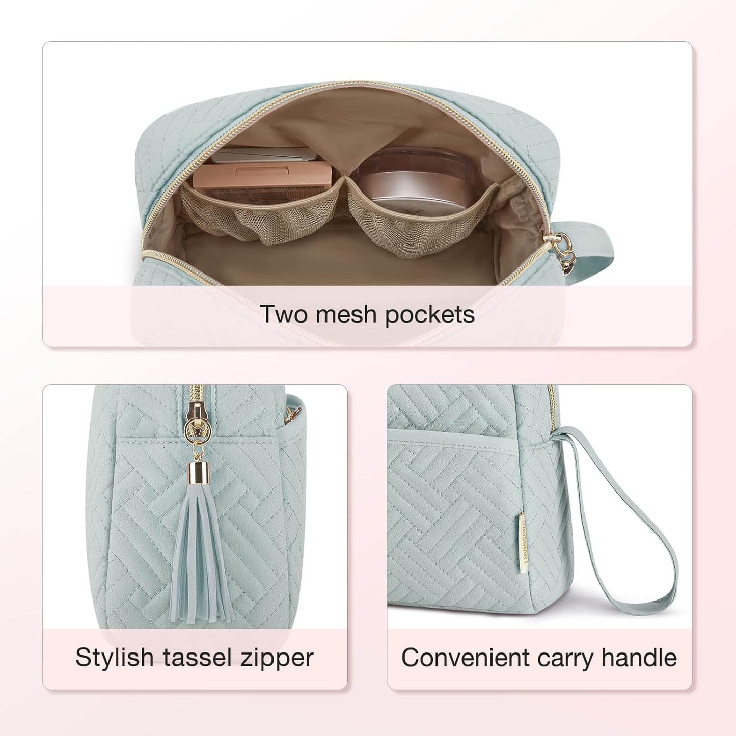 BAGSMART Makeup Bag, Cosmetic Bag for Purse,Travel Make Up Pouch,Water-resistant Toiletry Bag Elegant Roomy, Makeup Accessories Organizer, Light Blue