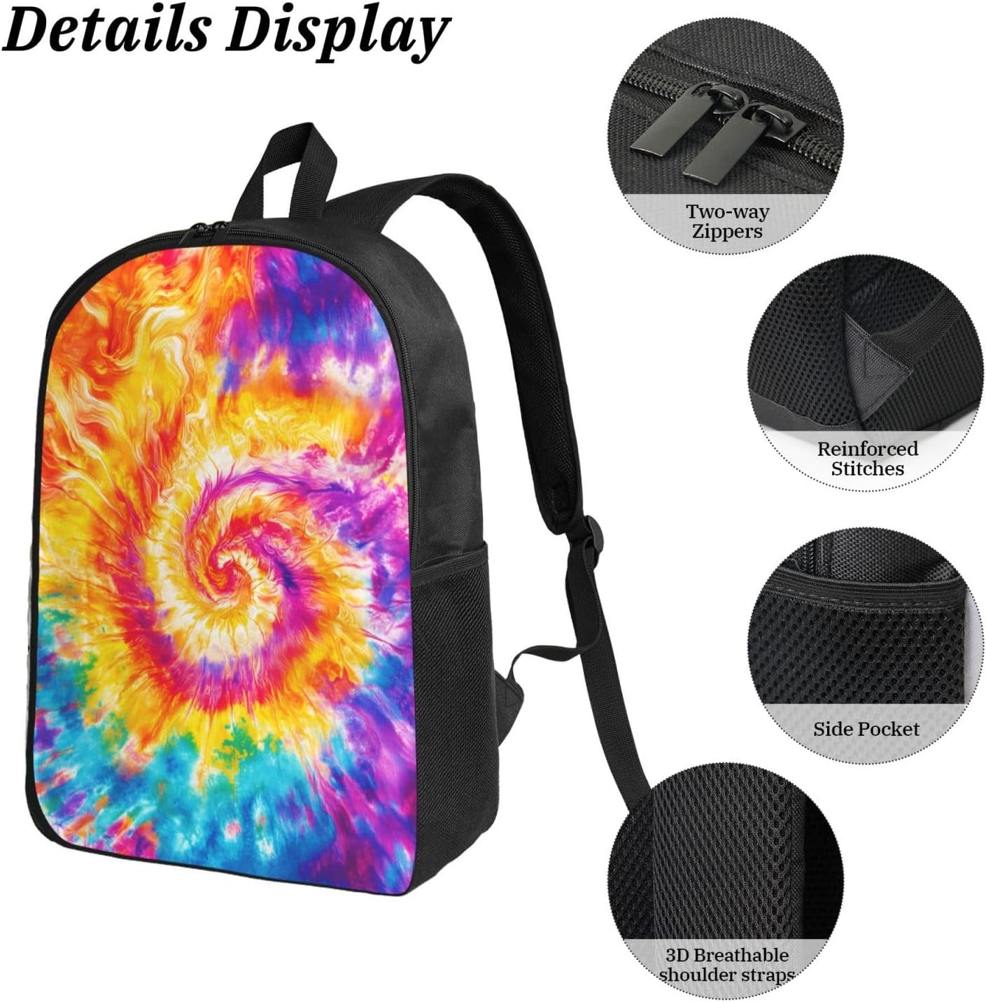 Tie Dye Kid Backpack Set with Lunch Bag & Pencil Case Large Capacity School Bag 17 Inch Bookbag for Boy Girl