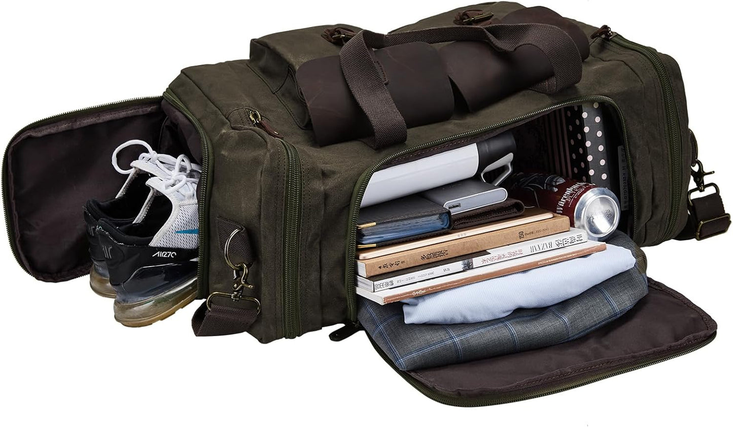 Waxed Canvas Vintage Overnight Duffel Weekend Travel Bag Waterproof For Men Women with Shoes Compartment(olive green)