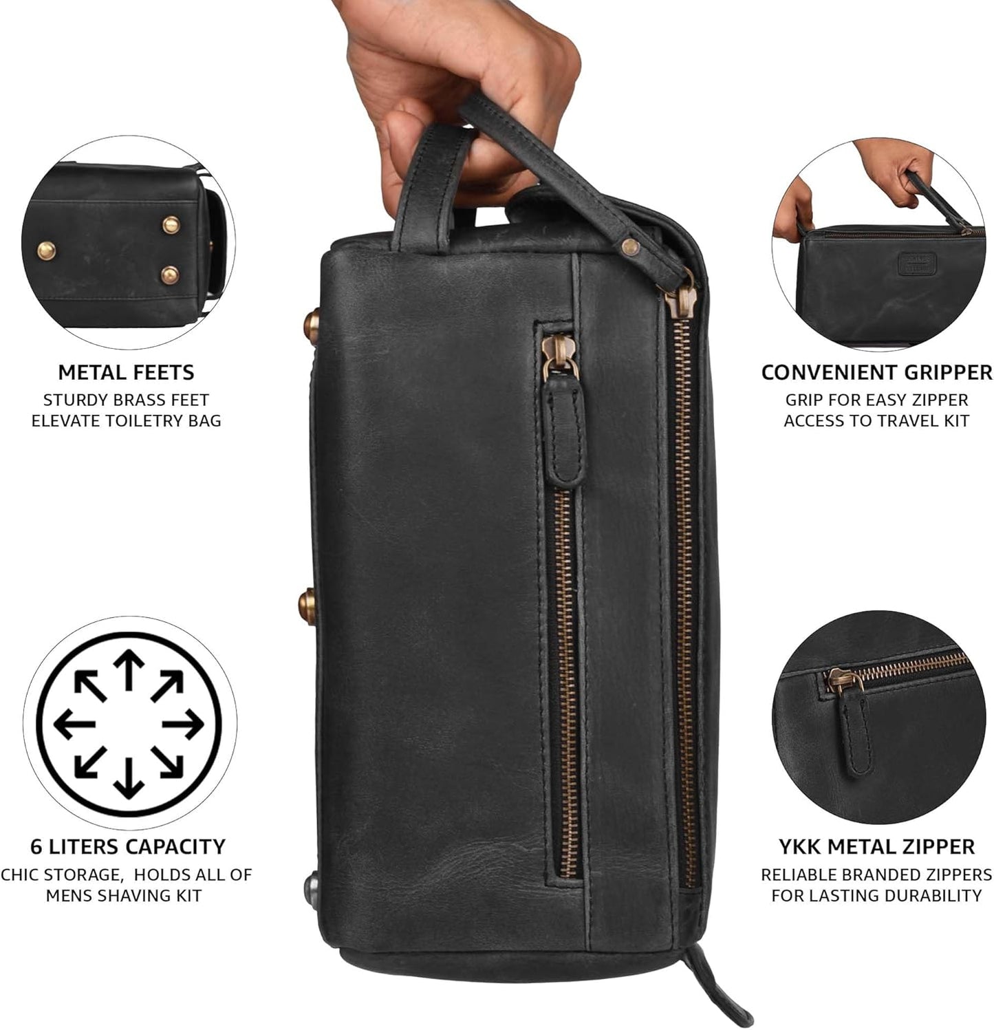 LEATHER VILLAGE Premium Leather Travel Toiletry Bag - Unisex Water-Resistant Travel Dopp Kit, Shaving & Cosmetic Organizer for Men & Women - Compact Bathroom Essentials - Distressed Black