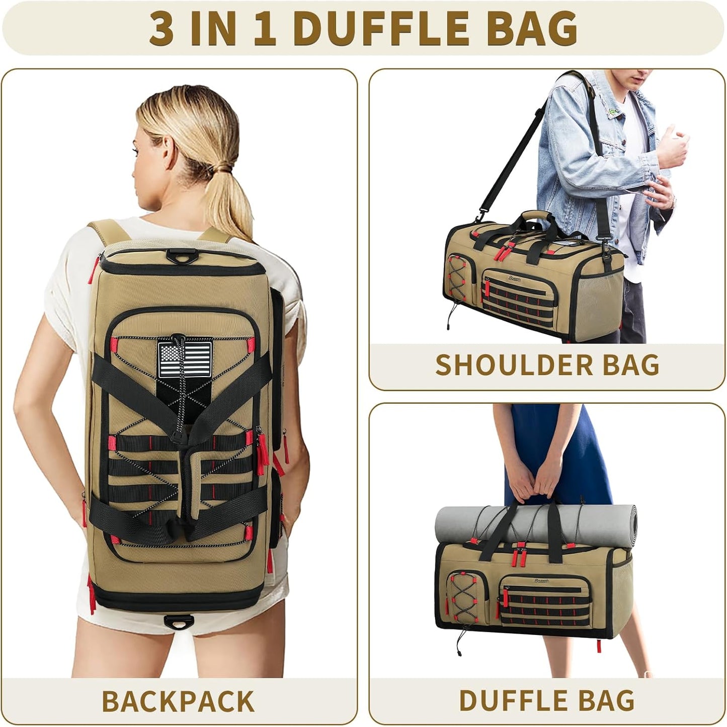 Bosstin Gym Bag for Men & Women,45L Travel Duffle Sports Duffel Bag Gym Weekender Overnight Backpack with Shoe Compartment (Khaki)