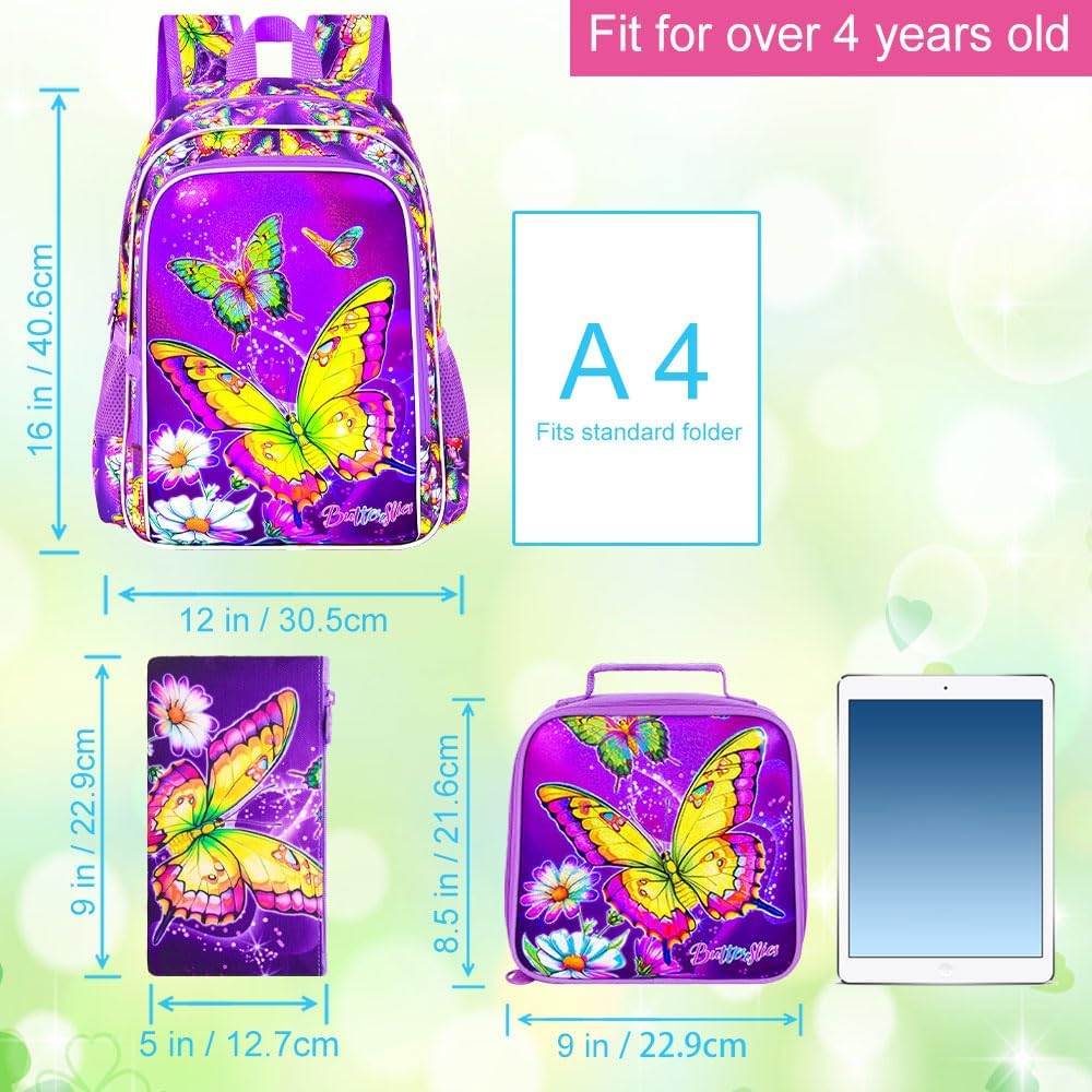 16" Butterfly Backpack for Girls, 3Pcs Kids School Backpacks with Lunch Box, Bookbag for Elementary Preschool Kindergarten(Purple)