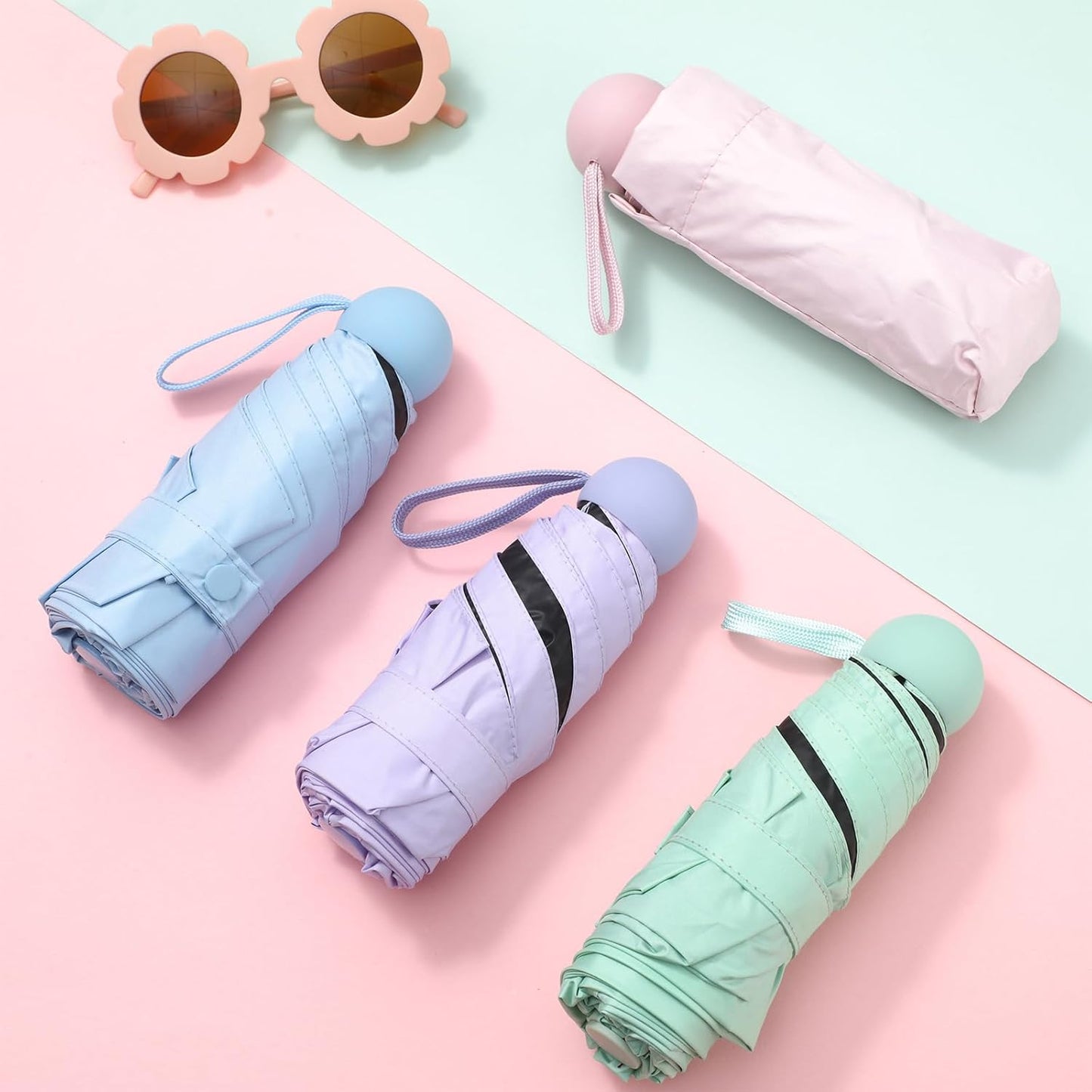 Sweetude 12 Pcs Travel Mini Umbrellas for Purse Bulk Folding Compact Lightweight Windproof UV Pocket Collapsible Umbrella for Kids Backpack Rain Wedding Party Women Girls