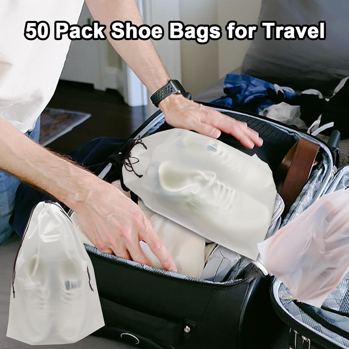 50 Pack Shoe Bags for Travel,Large Clear Shoes Storage Organizers Pouch with Rope for Men and Women,Transparent Travel Shoe Bags for Packing,Waterproof Drawstring Dust Bags Shoe Storage Bag