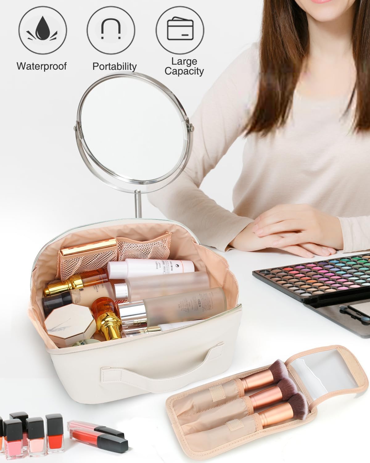 Relavel Travel Makeup Bag for Women, Large Capacity Cosmetic Bags with Separate Brushes Compartments, Waterproof Toiletry Organizer Bags with Handle for Travel Essentials - White