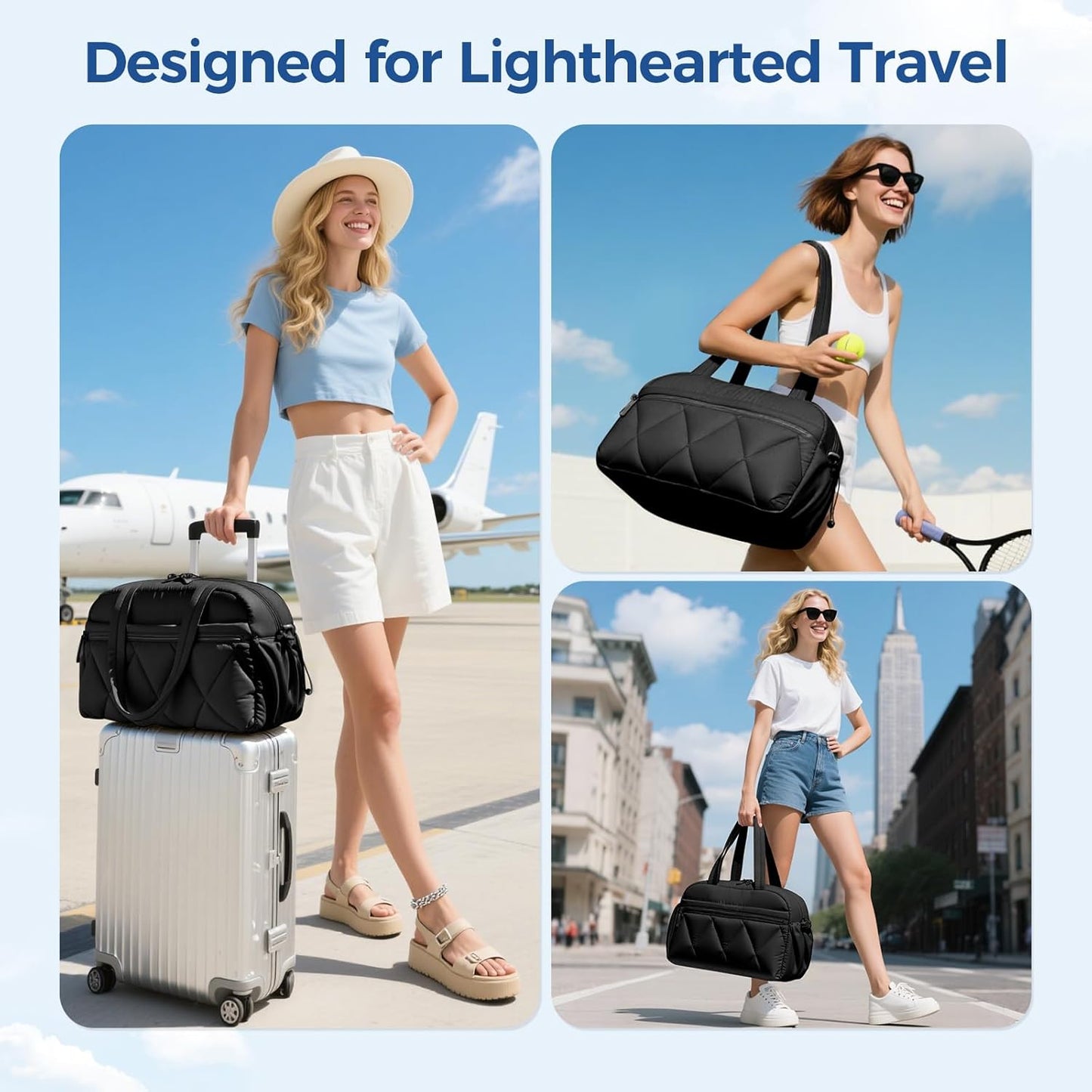 Gym Bag for Women, Puffer Travel Duffle Bag With Shoes Compartment & Wet Pocket, Carry On Tote Bag For Weekender, Overnight, Sport (Black)