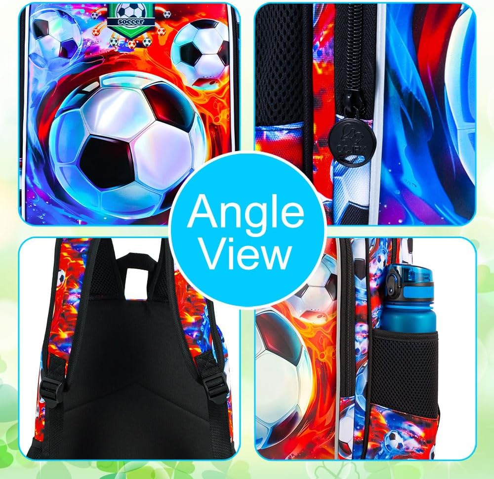 16" Soccer Backpack for Boy, 3Pcs Football School Backpacks with Lunch Box, Kids Bookbag for Elementary Preschool Kindergarten(Ice and Fire)