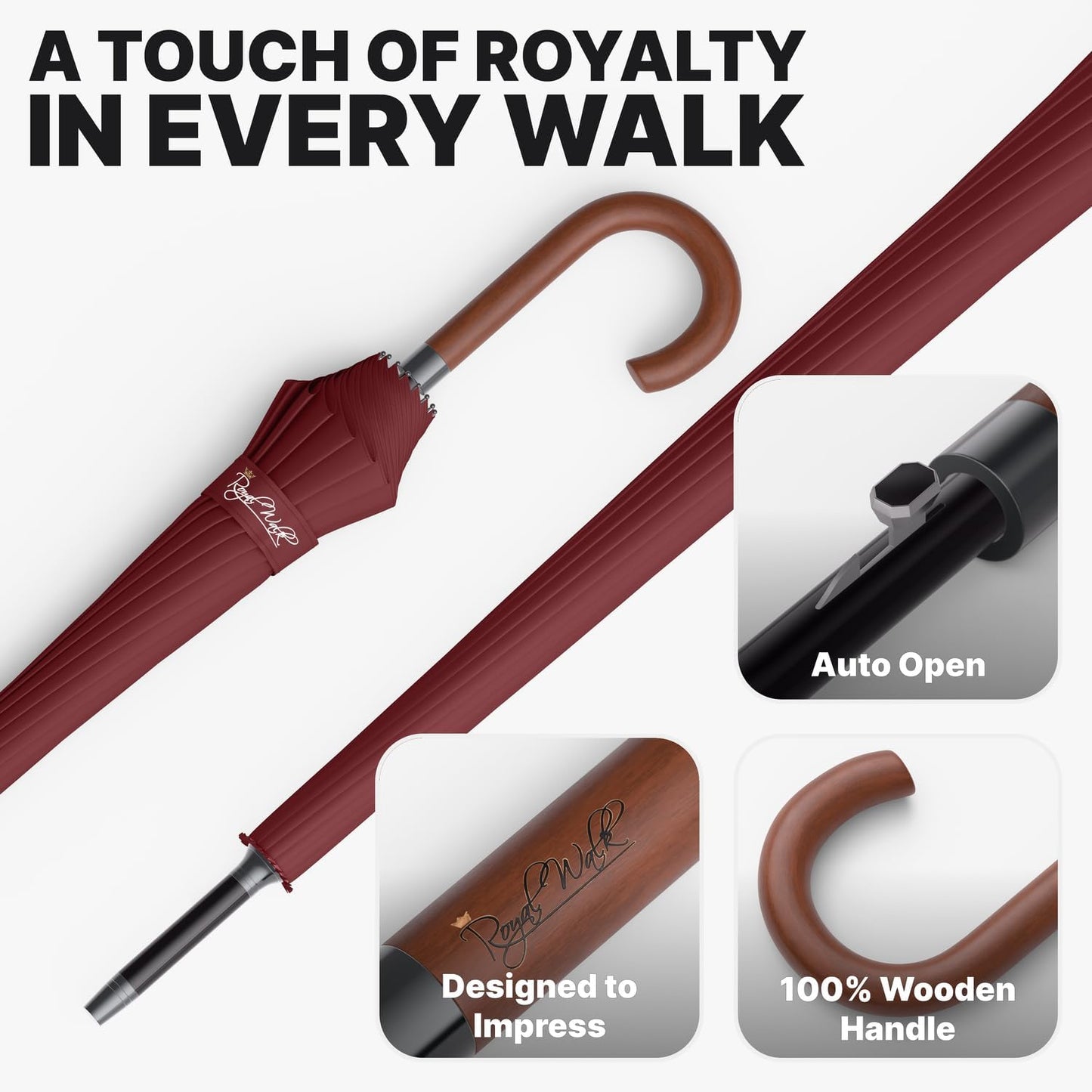 Royal Walk Windproof Large Umbrella for Rain 54 Inch Automatic Open for 2 Persons Wind Resistant Big Golf Umbrellas for Adult Men Women Classic Wooden Handle Fast Drying Strong 16 Ribs Travel 120cm