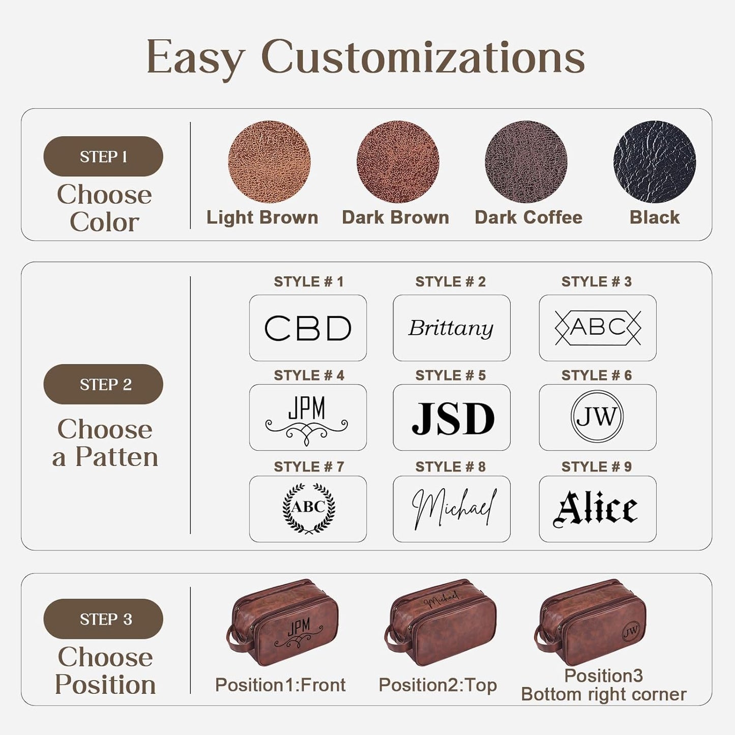 Personalized Leather Toiletry Bag for Men, Large Travel Shaving Dopp Kit Water-resistant Toiletries Organizer PU Leather Cosmetic Bags For Groomsmen Gifts Custom Laser Engraved Leather Gift