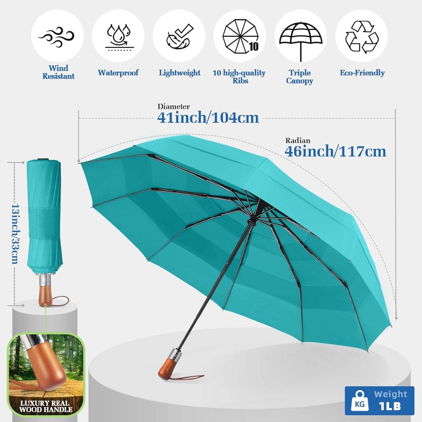 Umbrella Strong Windproof, Triple-Layer Canopy, 10 Fiberglass Ribs, Auto Open/Close, Wooden Handle, Sleeve with Anti-Loss Hook, Umbrellas for Travel & Commute & Daily Use & Gift