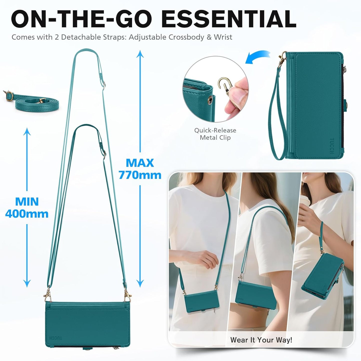 TUCCH Detachable Crossbody Wallet Case for iPhone 17 Pro (6.3"), 9 Card Holders RFID Blocking | Lanyard | Wrist Strap | Wireless Charging | Zipper Pocket | PU Leather | Stand Flip Cover | Bluish Green