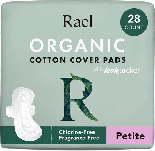 Rael Pads for Women, Organic Cotton Cover - Period Pad with Wings, Feminine Care, Sanitary Napkins, Light Absorbency, Unscented, Ultra Thin (Petite, 28 Count)
