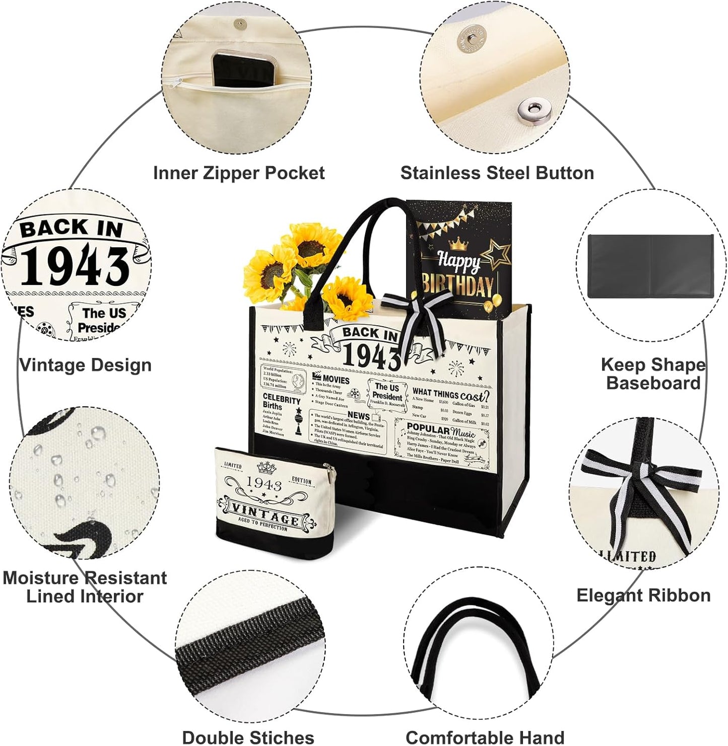 YeohJoy 82nd Birthday Gifts for Her Canvas Tote Bag Travel Gear, Unique 82 Years Old Birthday Gifts for Girlfriend Sister Friends Women, Vintage 1943 Handbag & Cosmetic Bag & Back in 1943 Poster