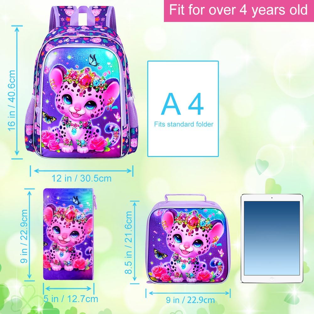 16" Leopard Backpack for Girls, 3Pcs Kids Bookbag for Elementary Preschool Kindergarten, School Backpacks with Lunch Box(Purple)
