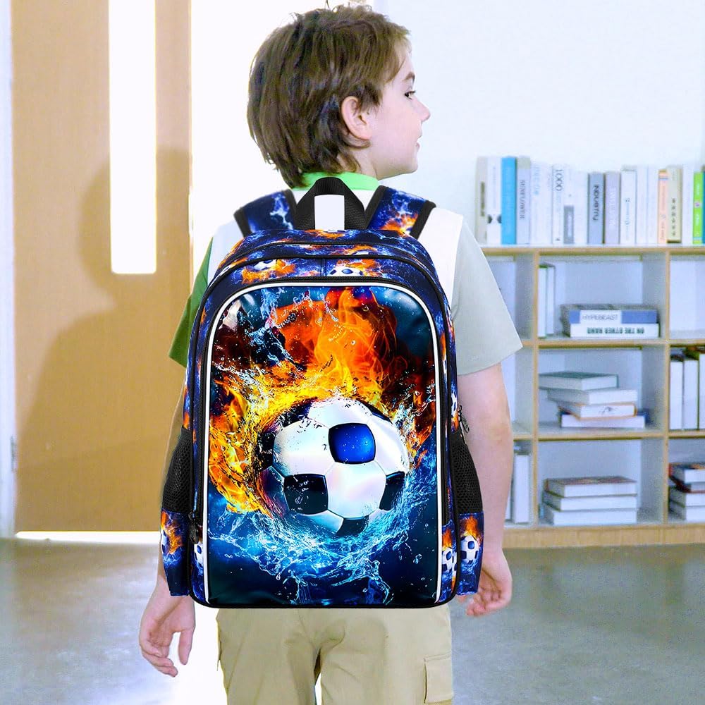 17" Soccer Backpack for Boy, 3Pcs Football School Backpacks with Lunch Box, Kids Bookbag for Elementary Preschool Kindergarten(Blue)