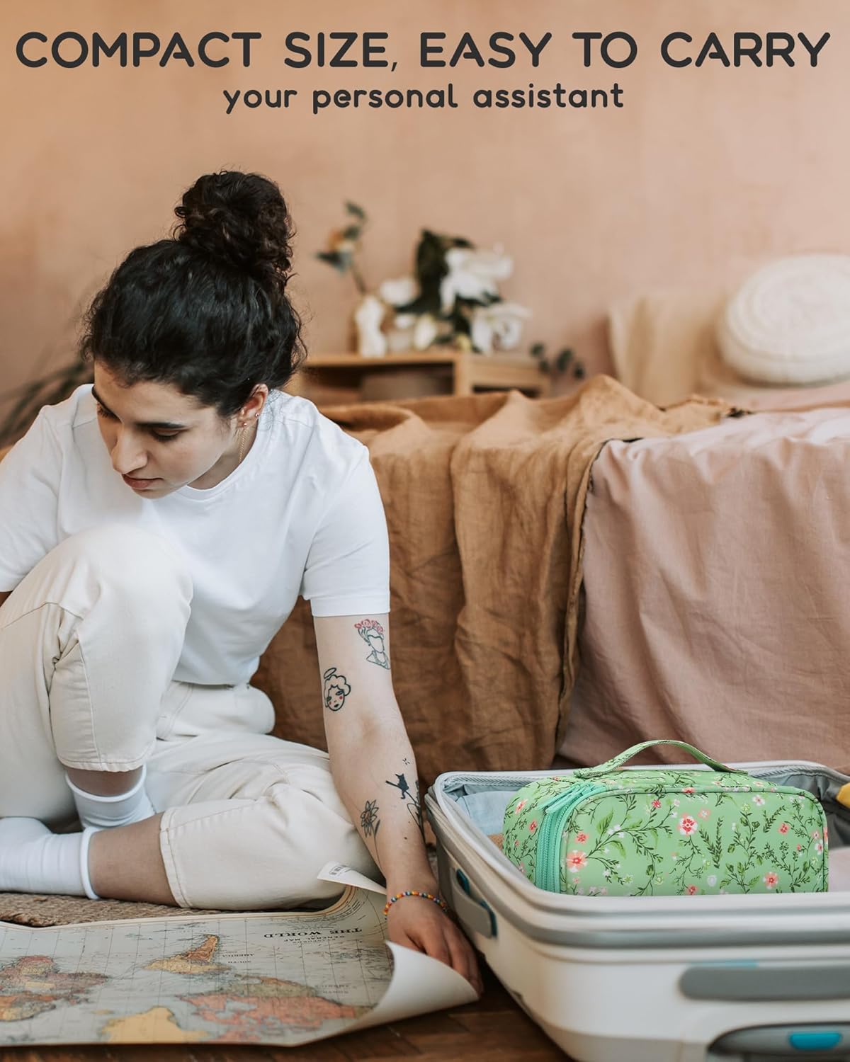 Small Makeup Bag, Travel Floral Cosmetic Bag with Makeup Brush Compartment, Portable Makeup Pouch for Women, Double Layer Makeup Organizer Bag Cute Toiletry Bag, Green Floral