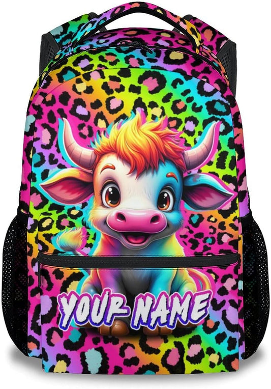 Custom Backpack for Girls - 17 Inch Cute Cow Backpack for Kids Children - Rainbow Cow Print Lightweight Durable Bookbag for High School