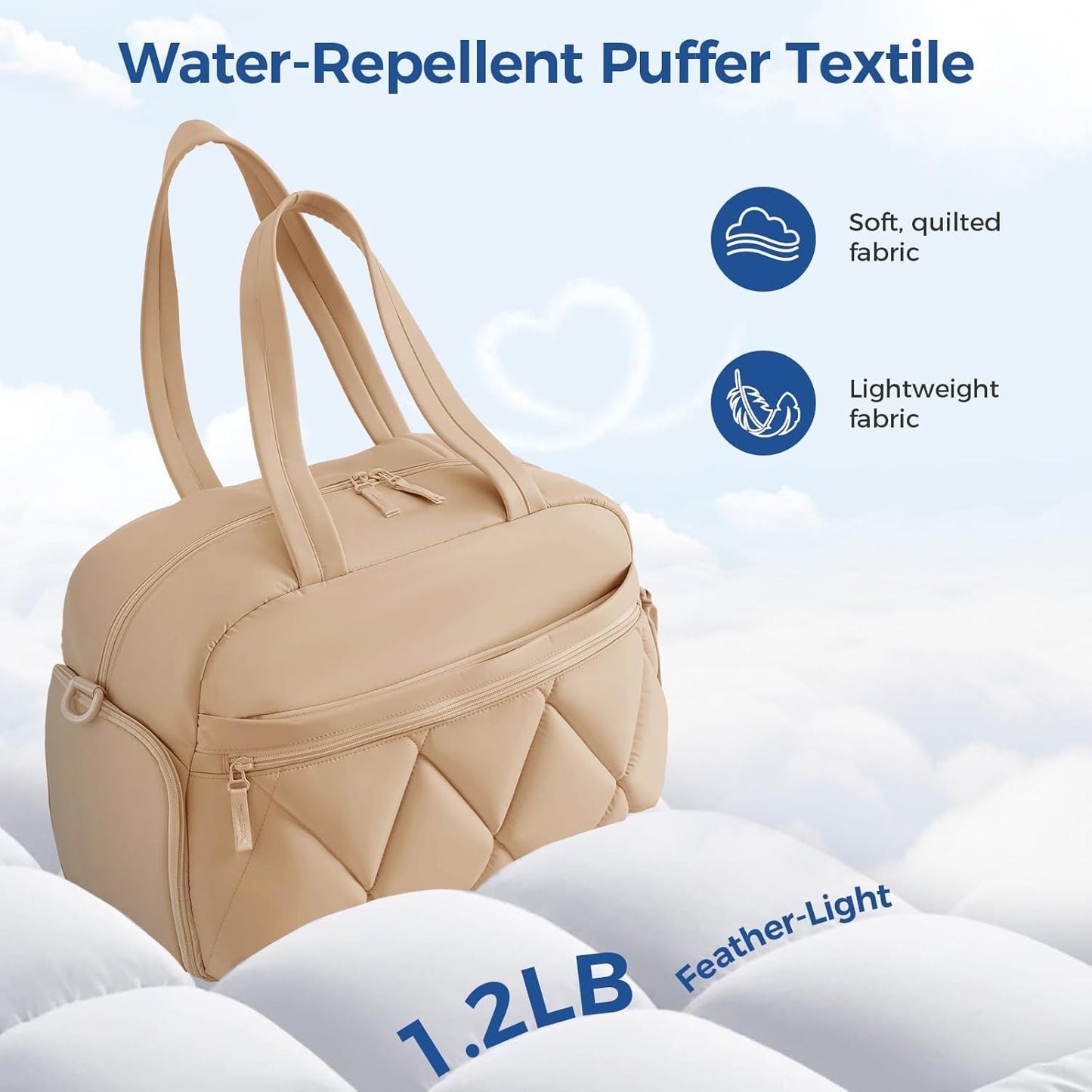 Gym Bag for Women, Puffer Travel Duffle Bag With Shoes Compartment & Wet Pocket, Carry On Tote Bag For Weekender, Overnight, Sport (Camel)