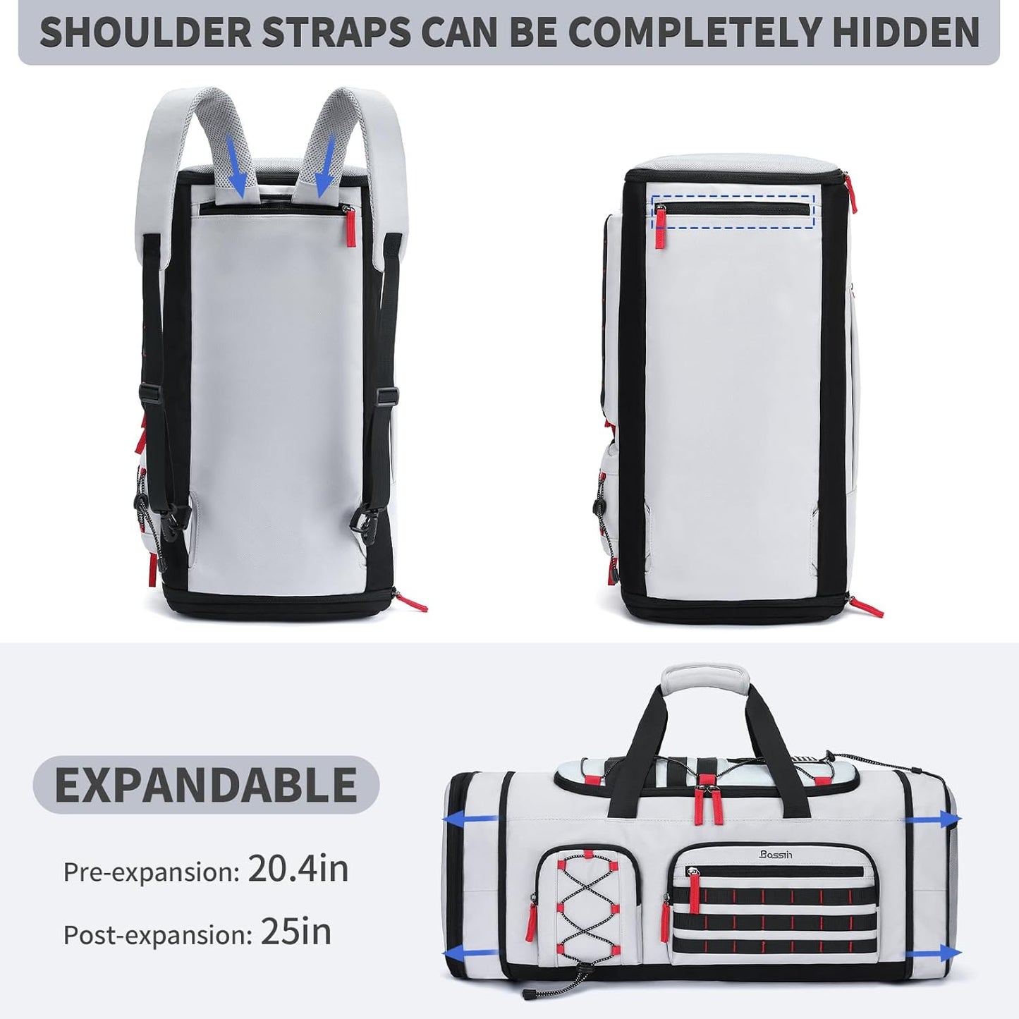 Bosstin Gym Bag for Men & Women, 45L Travel Duffle Sports Duffel Bag Gym Weekender Overnight Backpack with Shoe Compartment (Grey)