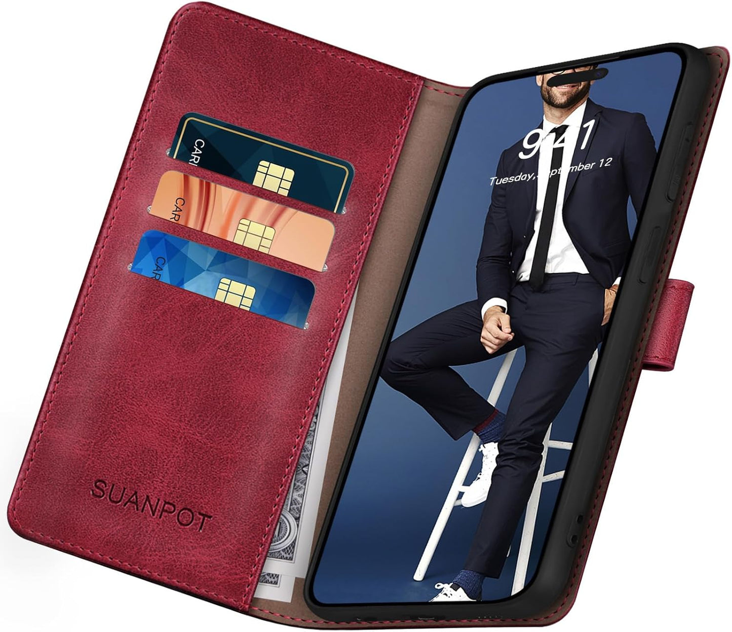 SUANPOT Compatible with iPhone 17 Pro Max 6.9" Wallet case with RFID Blocking Credit Card Holder,Flip Book PU Leather Protective Cover Women Men for Apple 17 Pro Max Phone case Red