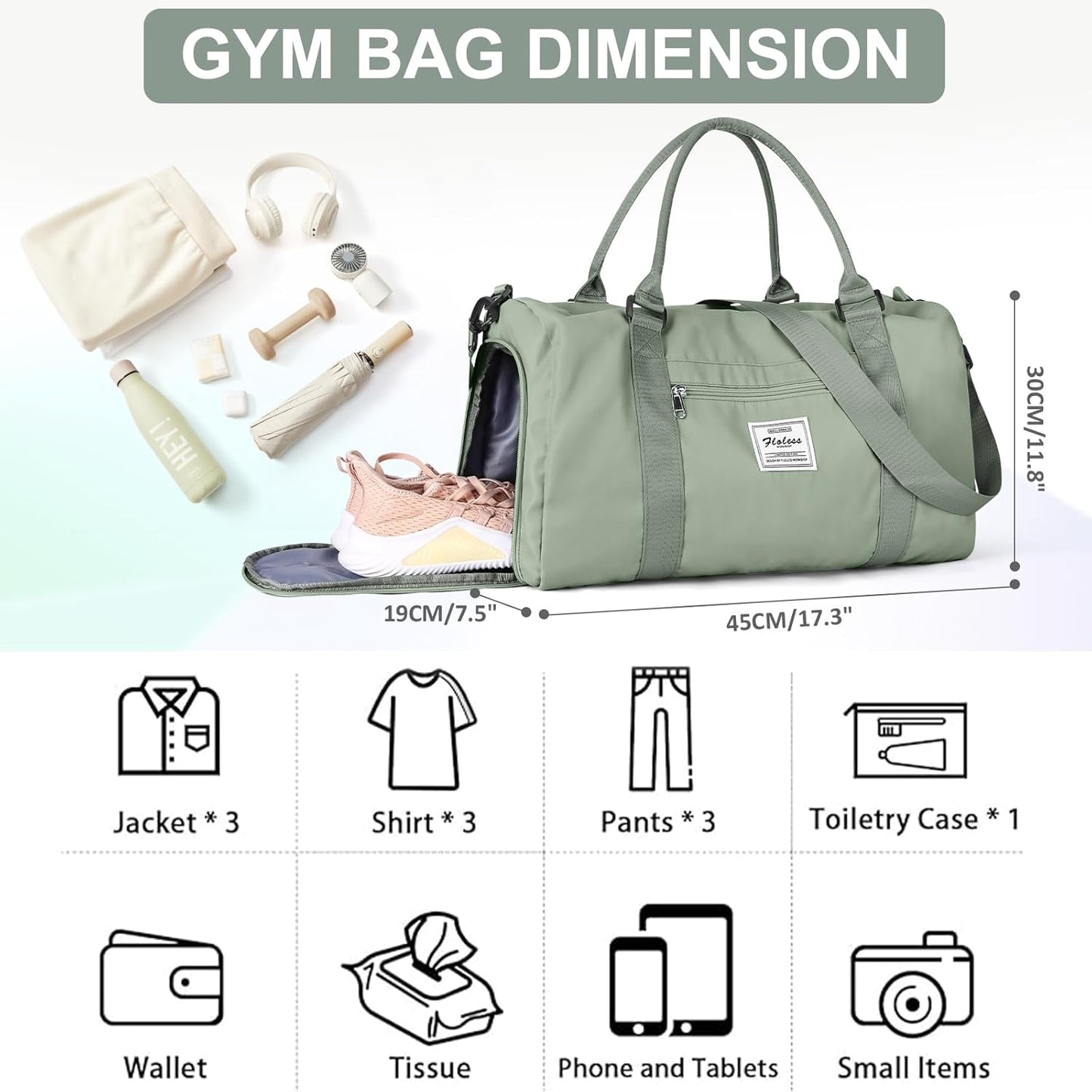 Gym Bags for Women Men with Shoes Compartment,Sports Duffle Bags Personal item travel Duffel Tote Bag Small Carry on Weekender Overnight Bag Workout Dance Bags Hospital Holdalls Grey Green