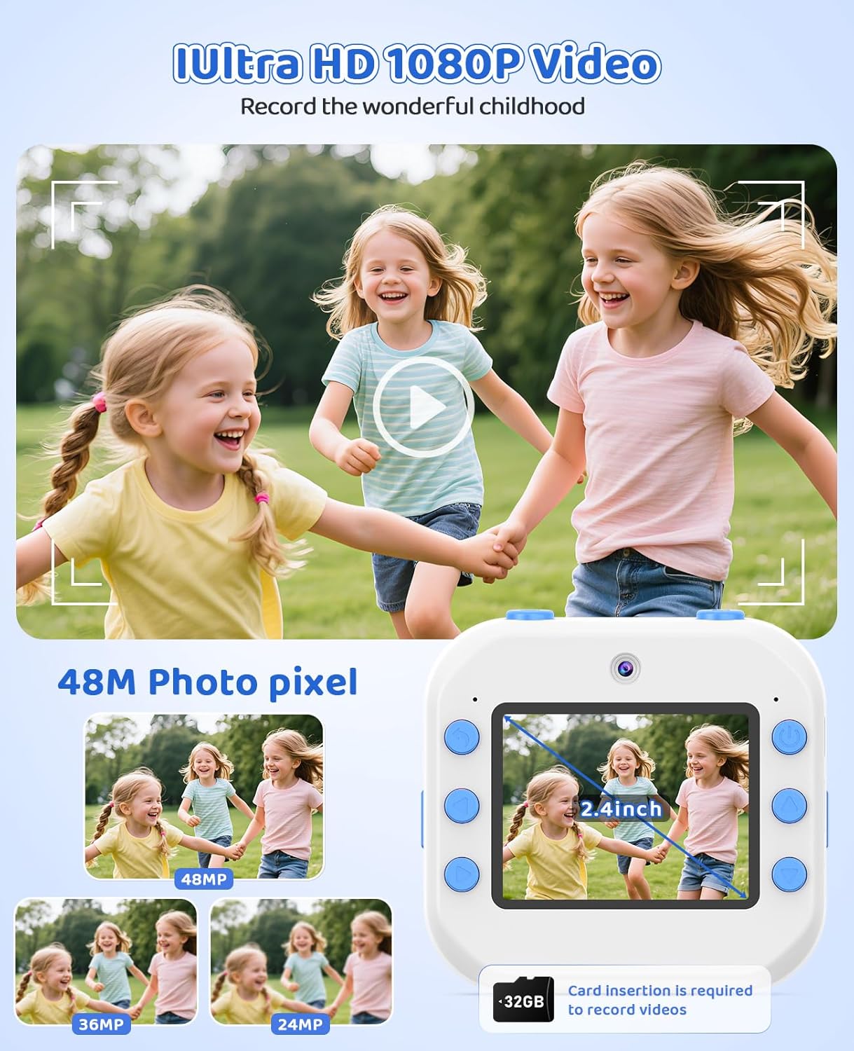 Kids Camera Instant Print for Christmas Birthday Gifts Age 4-12,Front Rear Dual Selfie Camera with 1080P Videos Toddler Portable Travel Toy 6 7 8 9 Year Old Boys Girls-Blue