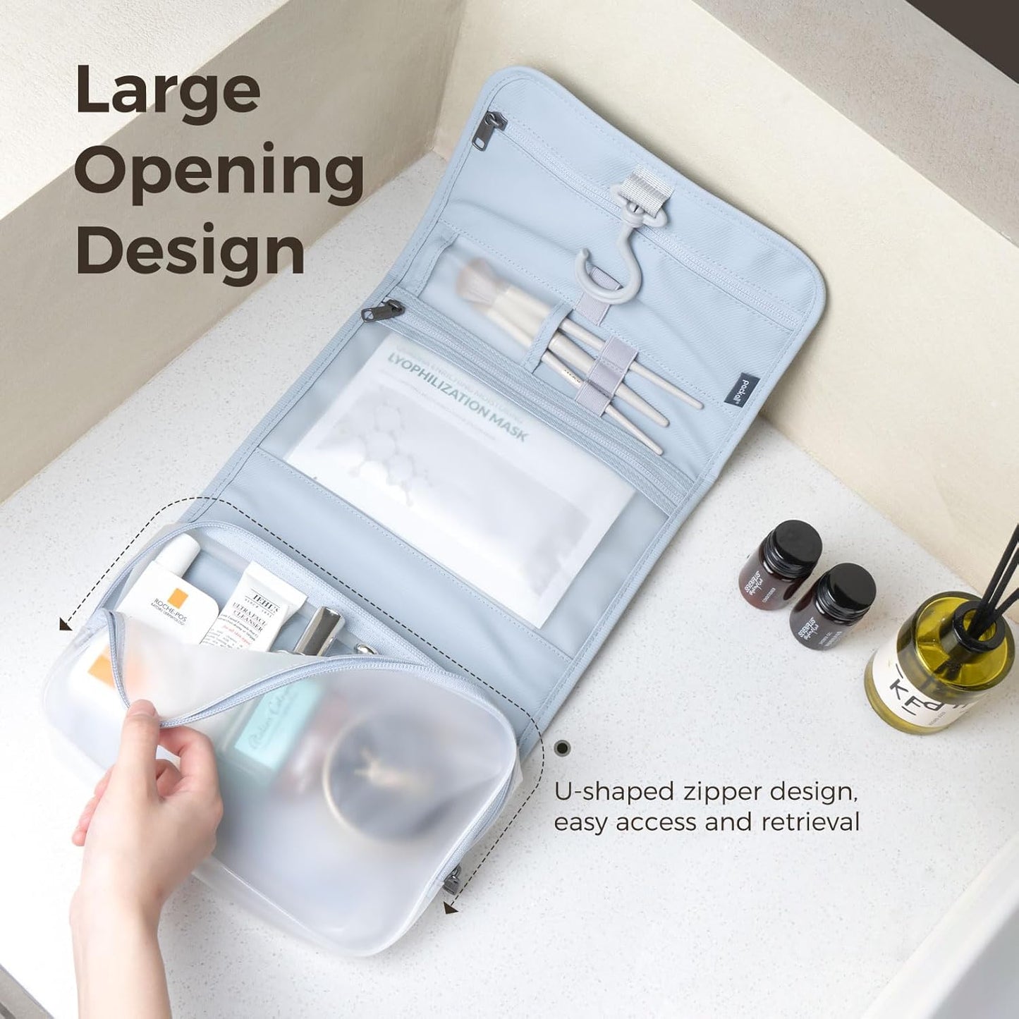 pack all Hanging Travel Toiletry Bag, Foldable Cosmetic Bag with Multiple Compartments, Water-Resistant Makeup Bag for Toiletries, Accessories (Light Blue)