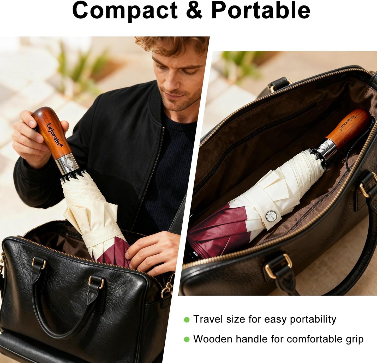 Lejorain Compact Golf Umbrella Large - 54inch Travel Big Portable Automatic Folding Umbrella Windproof for Men Heavy Duty 210T Dupont Teflon Coated Umbrella for Rain