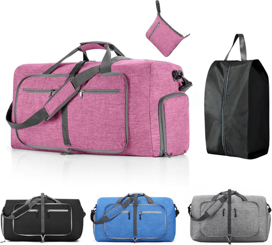 Travel Bag Gym Bag Folding Boston Bag Duffel Bag Carry On Large Capacity 65L Waterproof With Shoe Bag No Logo (Pink, 24.8inch×11.4inch×13.8inch)