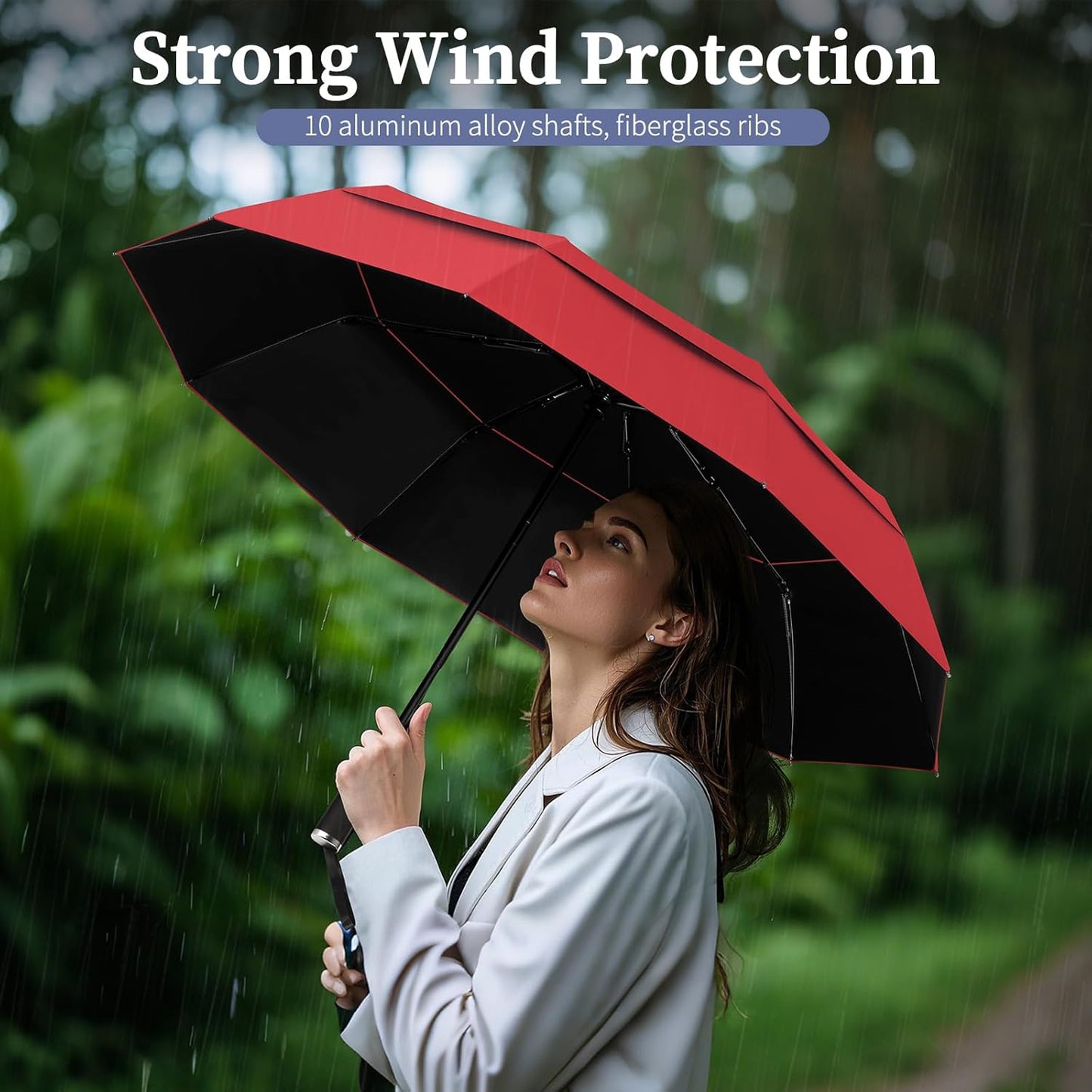 Yoobure Windproof Travel Umbrella with Wood Handle - Automatic Umbrellas for Rain & UV Sun Protection, Compact 46" Large Canopy, Lightweight Backpack Portable for Walking & Outdoor