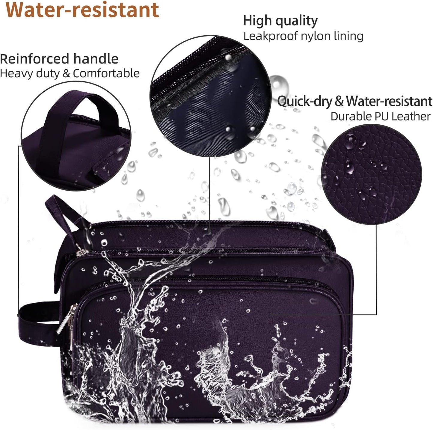 Buruis Extra Large Toiletry Bag for Men & Women, Travel Toiletry Organizer Dopp Kit Water-resistant Shaving Bags, PU Leather Cosmetic Bathroom Shower Bag for Toiletries, Accessories (Purple)