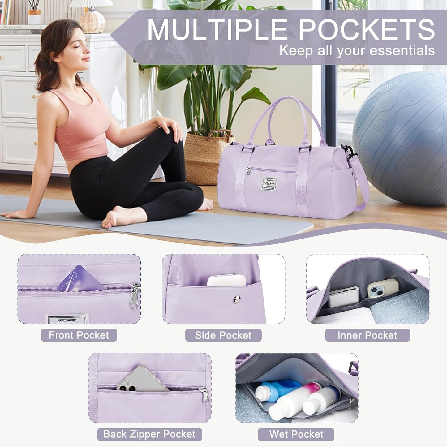 Gym Bag for Women Men with Shoes Compartment,Sports Duffle Bag Personal item travel Duffel Bags Tote Bag Small Carry on Weekender Overnight Bag Workout Dance Bag Hospital Holdalls Light Purple