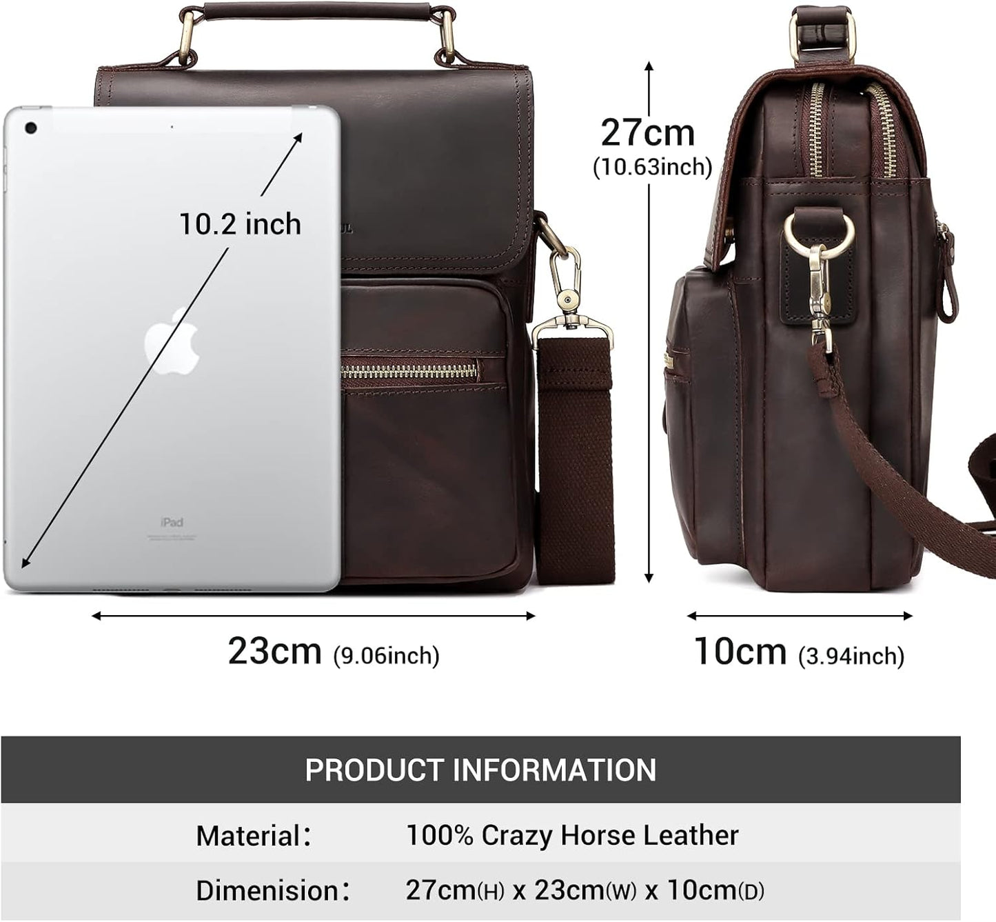 Leather Messenger Bag for Men, Shoulder Crossbody Bag with Adjustable Straps for Work Business