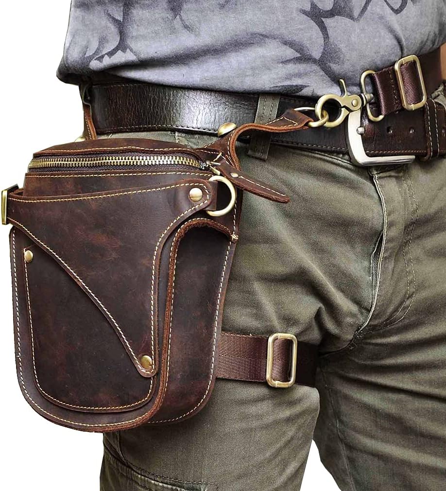Leather Waist Pack Drop Leg Bag for Men Women Belt Bumbag Multi-Purpose Motorcycle Bike Outdoor Sports Tactical Cycling Riding Hiking Camping Pouch