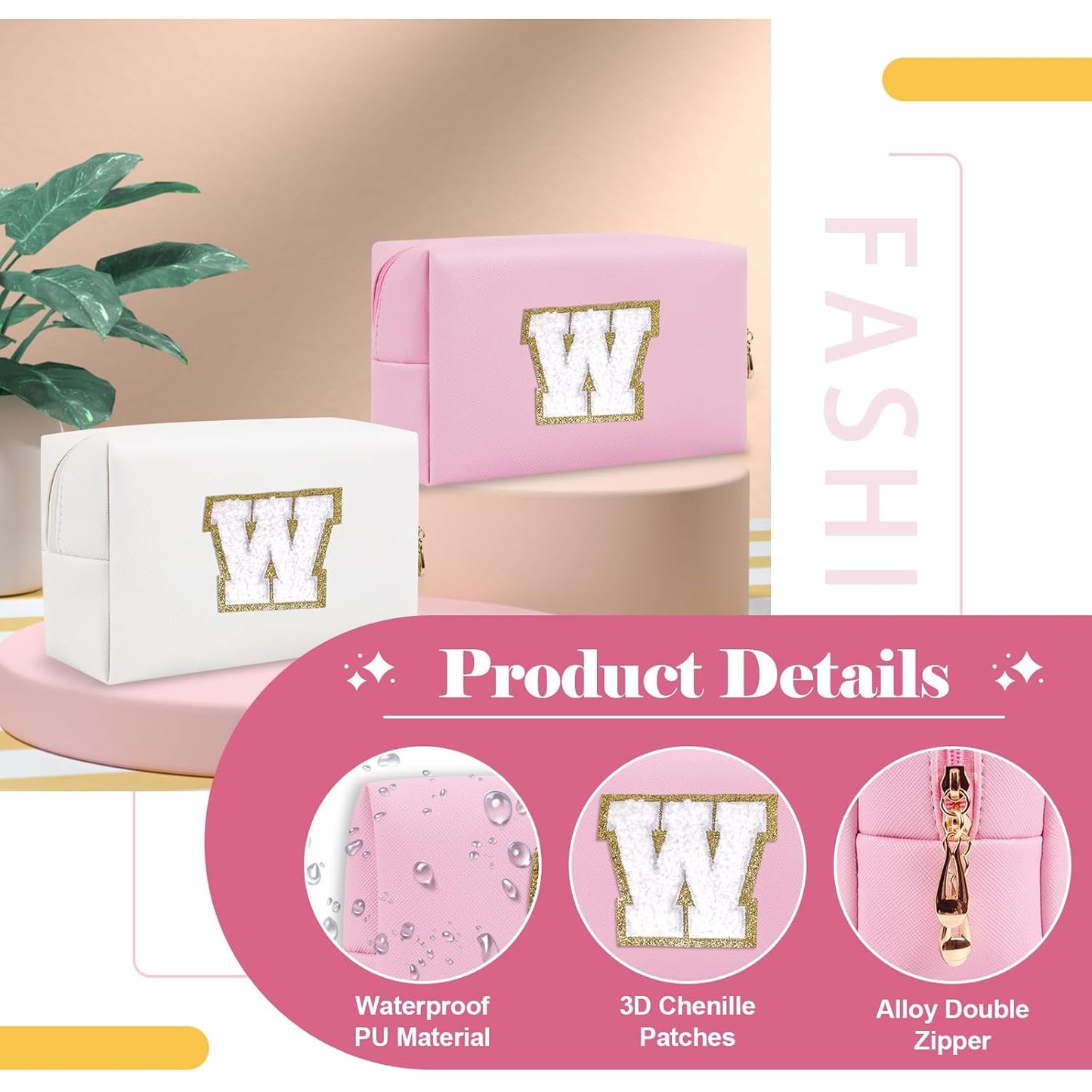 Personalized Initial A-Z Preppy Patch Makeup Bag,Small PU Chenille Letter Cosmetic Bag with Zipper for Teen Girls,Pink Cute Toiletry Organizer Bag,Monogram Makeup Case Gift for Women Girls,Letter W