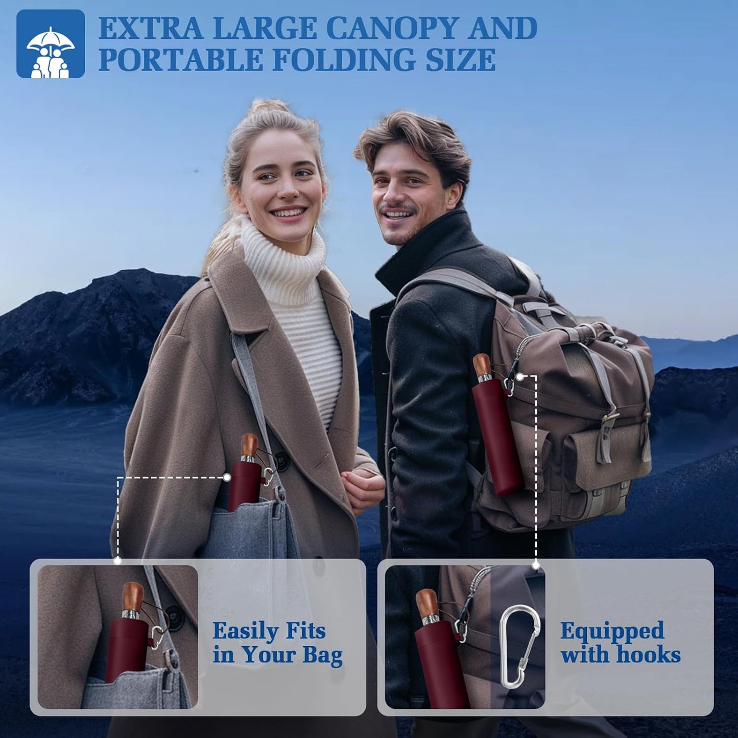 Umbrella Strong Windproof, Triple-Layer Canopy, 10 Fiberglass Ribs, Auto Open/Close, Wooden Handle, Sleeve with Anti-Loss Hook, Umbrellas for Travel & Commute & Daily Use & Gift