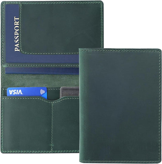 Leather Passport Holder with Travel Wallet, Genuine Leather Passport Cover- Passport Wallet, Leather Folding Wallet for Passports (Straight Cut, Green)