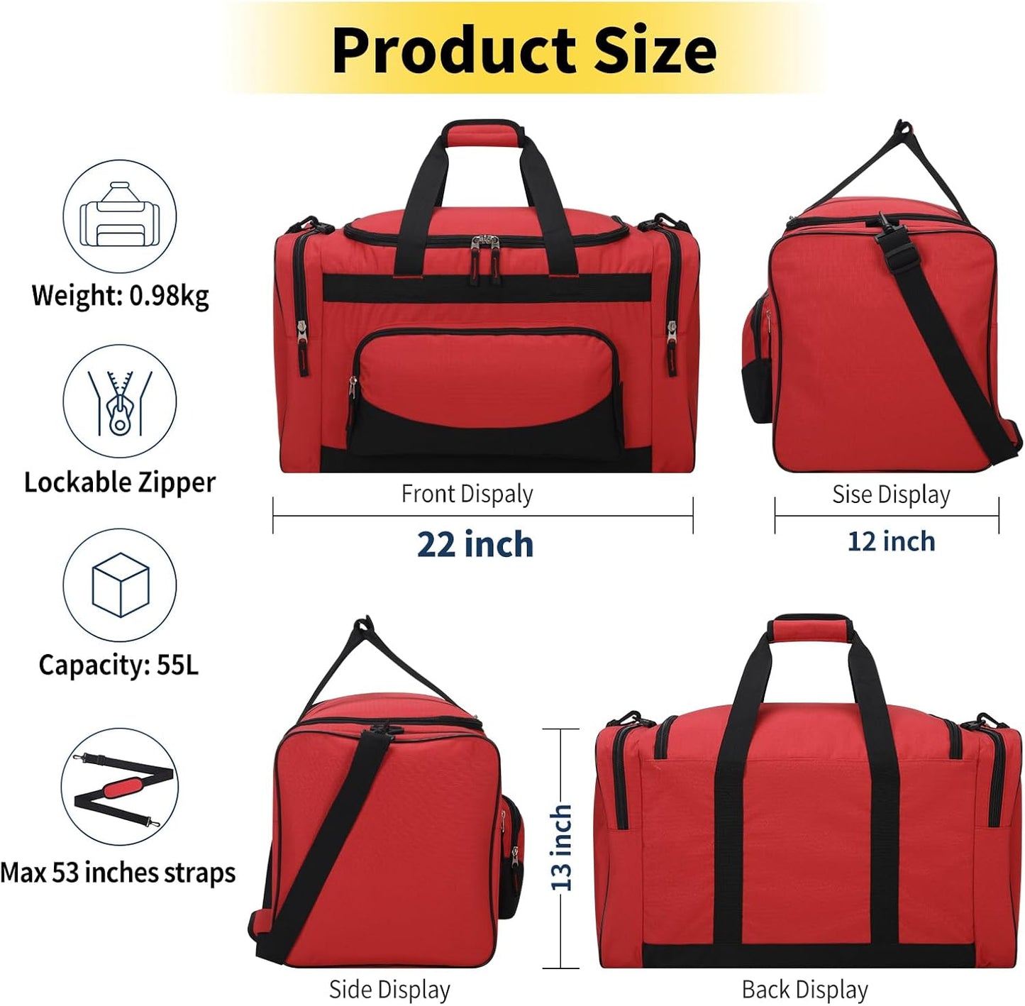 22 inch Gym Bag for Men - 55L Large Travel Duffle Bag Sports Equipment Bag with Multiple Zippered Pockets,Outdoor Workout Duffle Bag for Overnight Weekend - Red