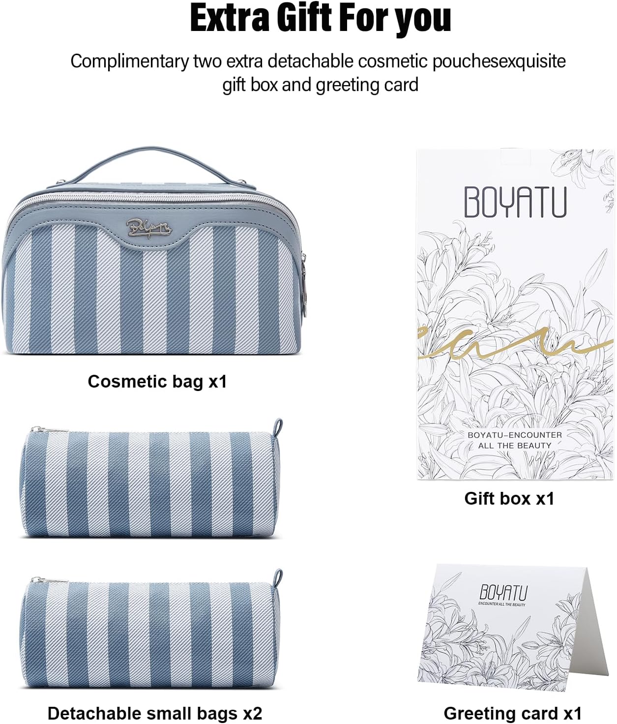 BOYATU Travel Makeup Bag for Women: Large Cosmetic Bag Set of 3 - PU Leather Make up Bag with Compartments - Compact Waterproof Toiletry Bag with Divider & Handle (B-2-Blue)