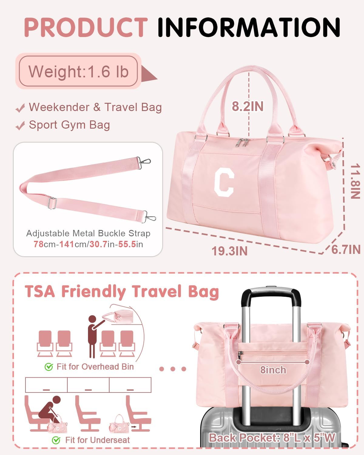 Initial Travel Duffel Bag Sports Gym Bag for Girls Teen Birthday Gifts,Pink Personalized Weekender Bag Carry On Tote Bags for Women Men,Waterproof Overnight Luggage Bag with Trolley Sleeve(Letter C)
