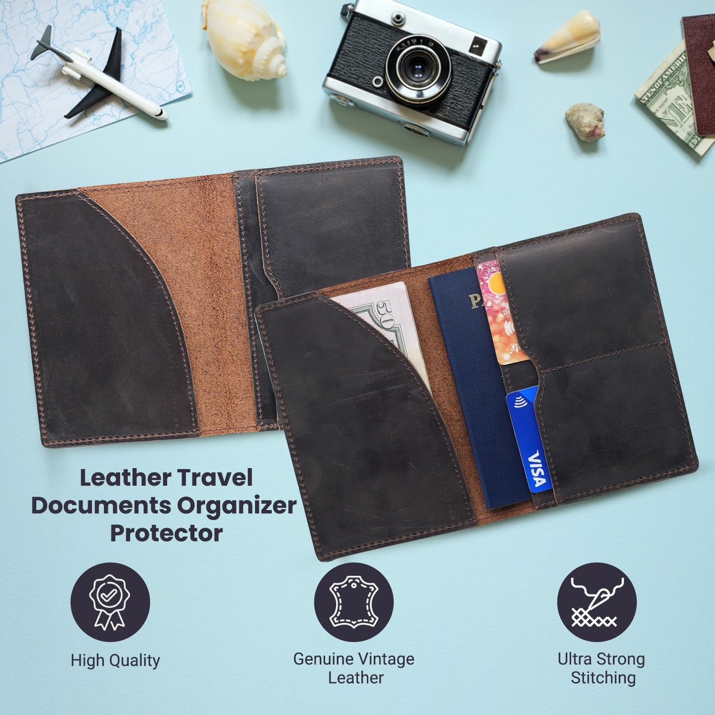 Leather Passport Holder with Travel Wallet, Genuine Leather Passport Cover- Passport Wallet, Leather Folding Wallet for Passports (Oval Cut, Dark Brown)