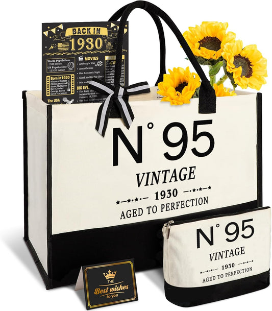 95th Birthday Gifts for Women Canvas Tote Bag Travel Gear,Unique 95 Years Old Gifts for Wife Mom Sister Aunt Friends Her, Vintage N°95 Handbag & Cosmetic Bag & Back in 1930 Poster
